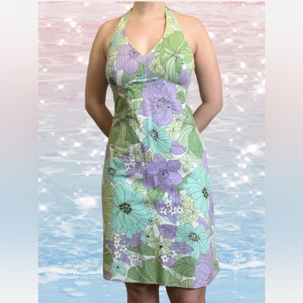 Ann Taylor Loft Green And Purple Floral Halter Y2k Dress Size 4